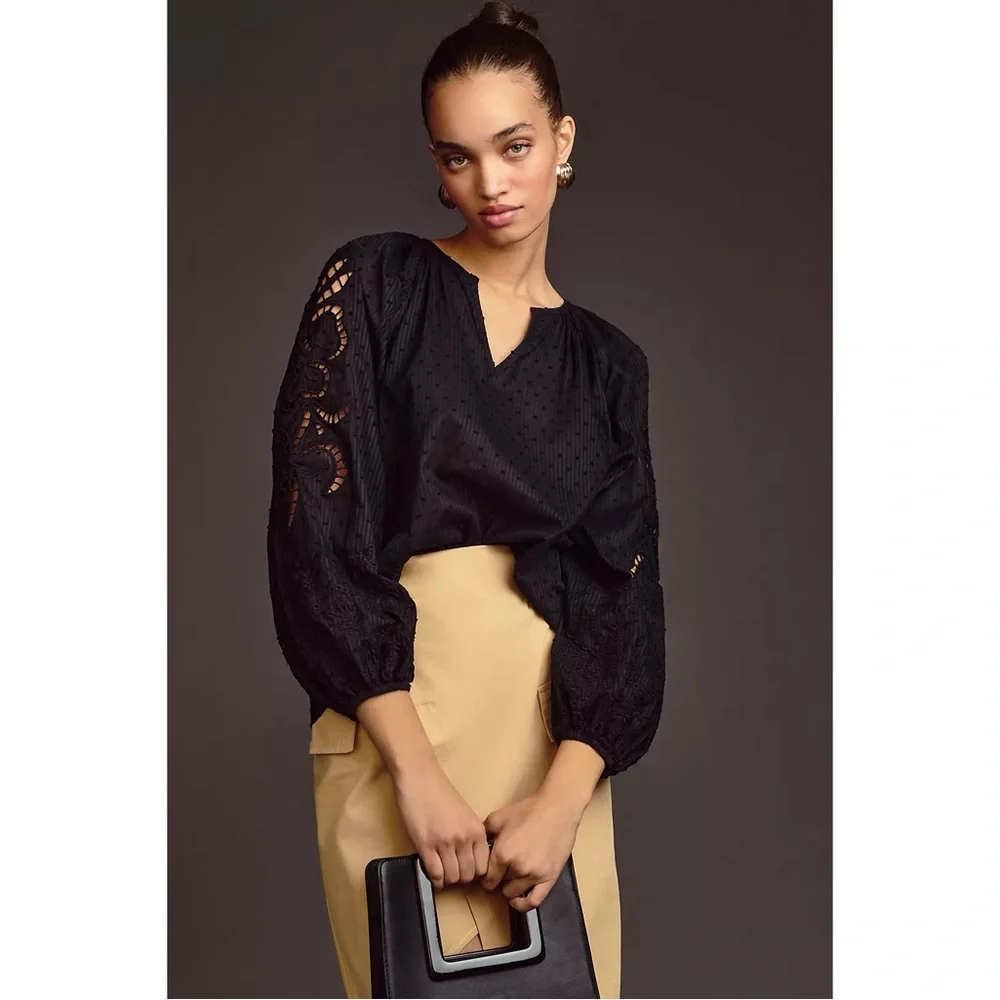 Anthropologie Forever That Girl Cutwork Lace Peasant Long Sleeve Blouse in Black